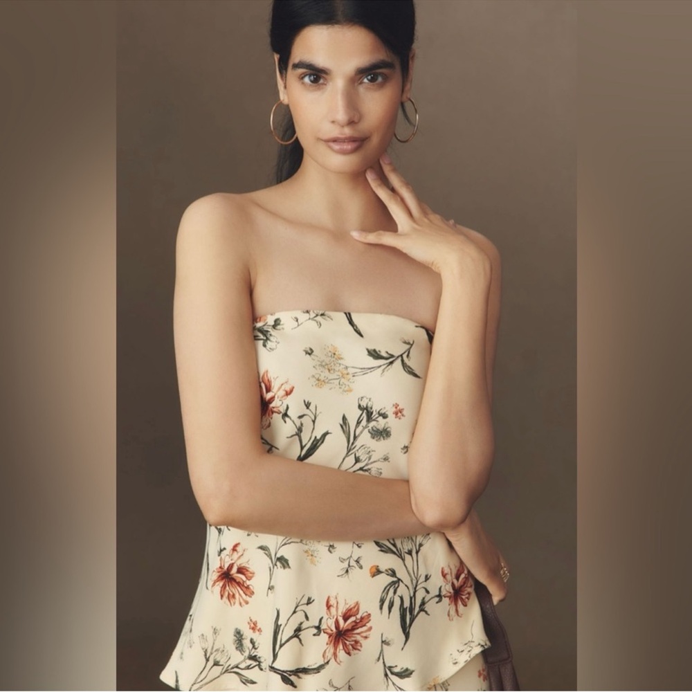 Anthropologie Cream Floral Strapless Blouse